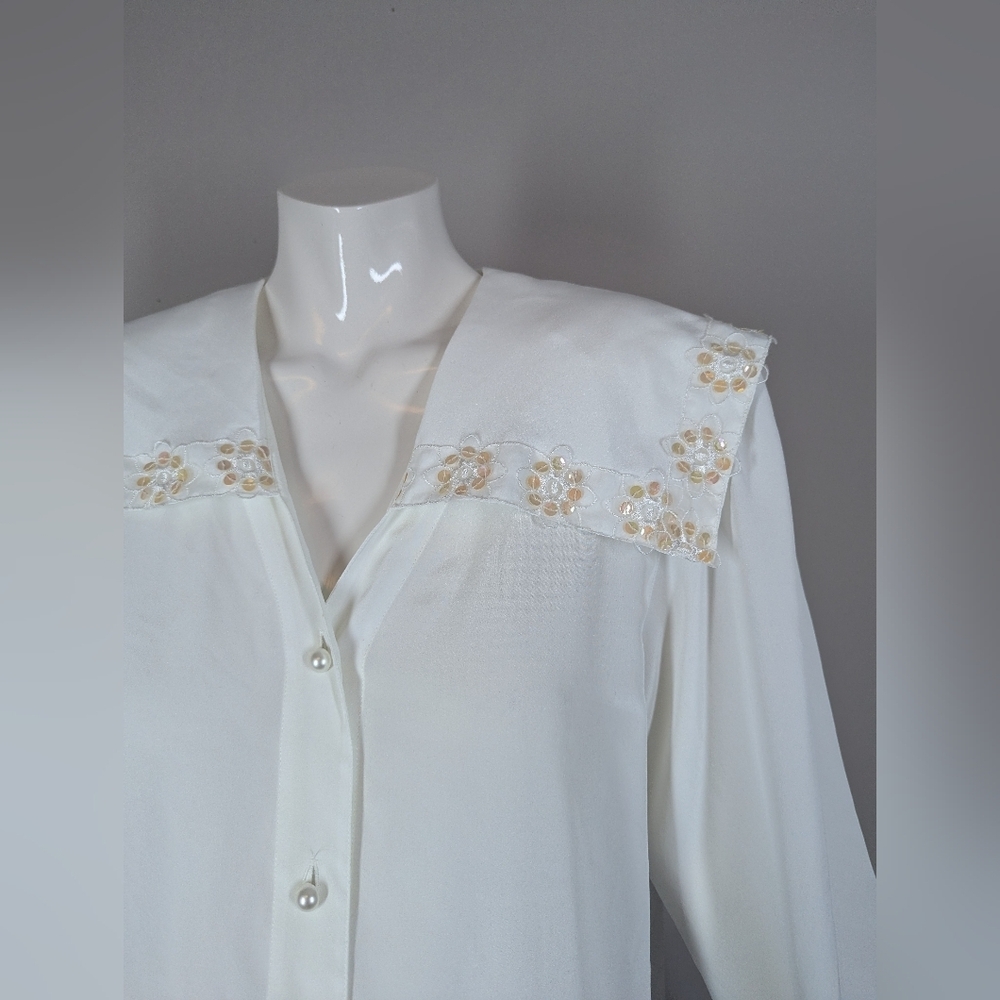 Vintage White Blouse with Sailor Collar | Sequin Floral Trim Shoulder Pads - Picture 8 of 8